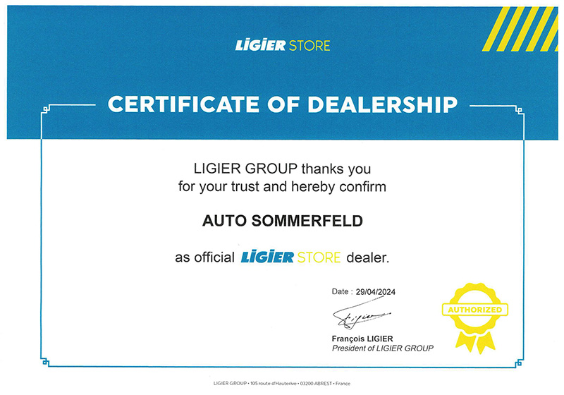 Anerkennungsurkunde LIGIER STORE für Auto Sommerfel